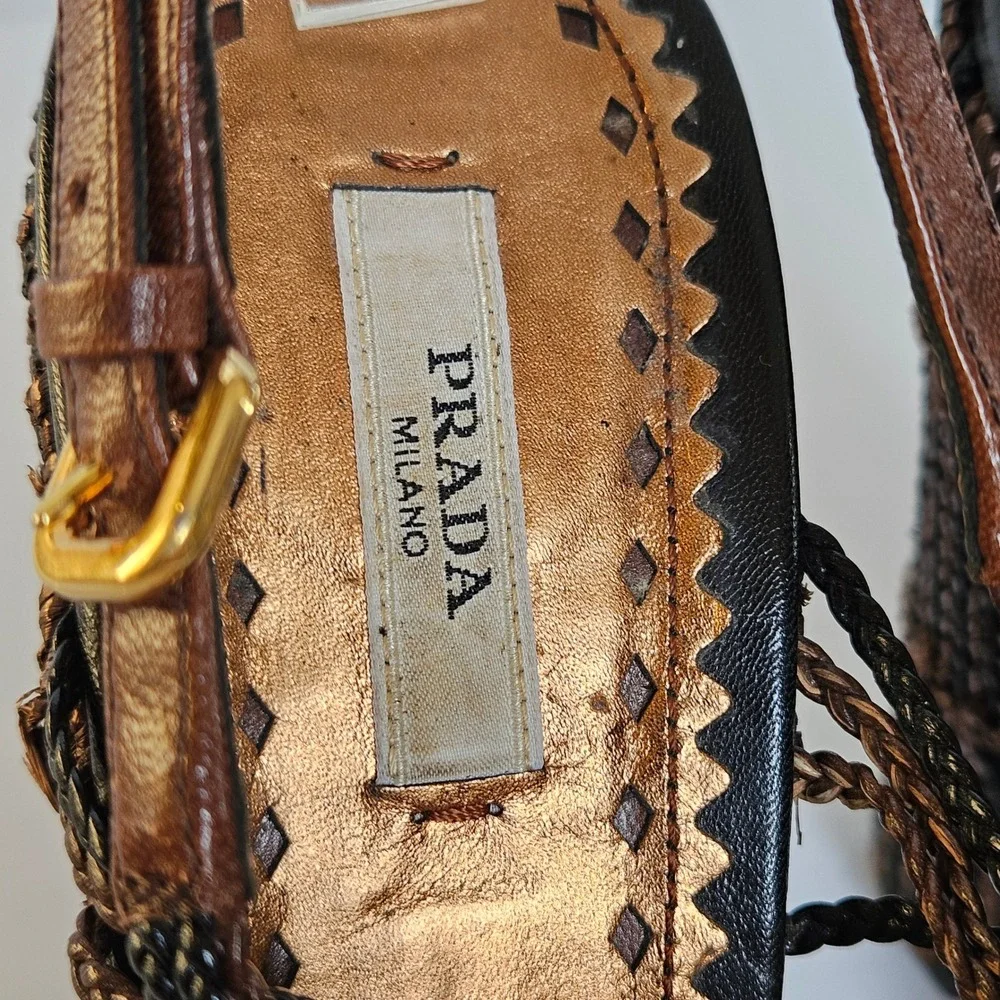 Prada Woven Bronze Metallic Platform Sandals Block Heel Knotted Raffia 40.5 IT